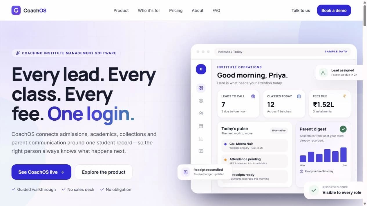 CoachOS website with its institute operations dashboard preview