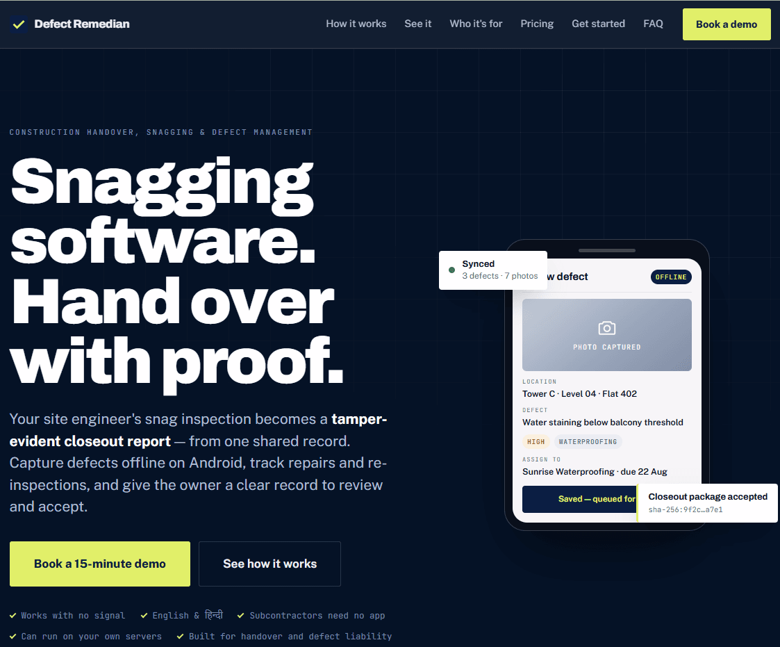 Defect Remedian snagging software home page with offline defect-capture interface