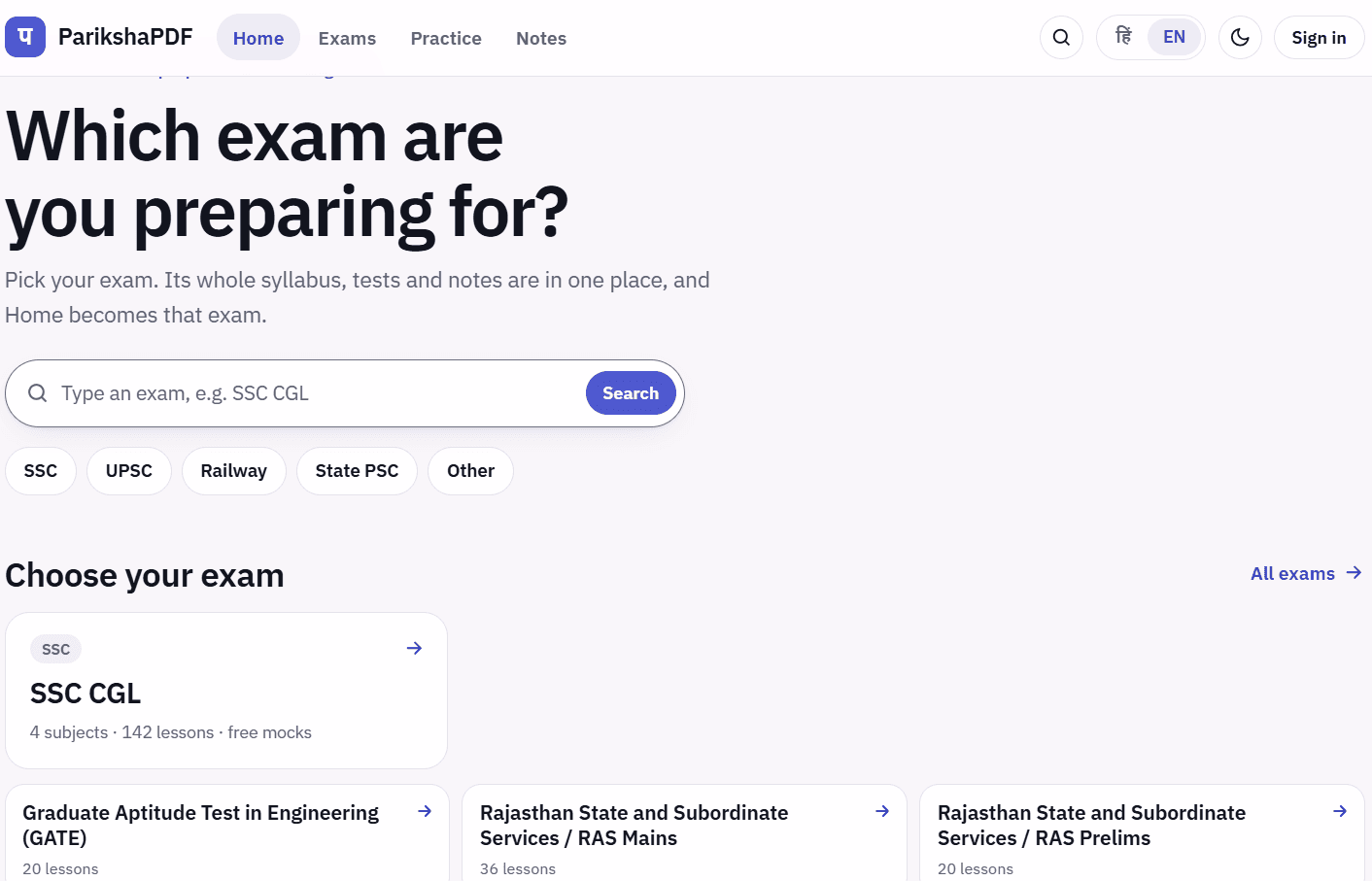 ParikshaPDF exam-selection home page with search, categories, and exam cards